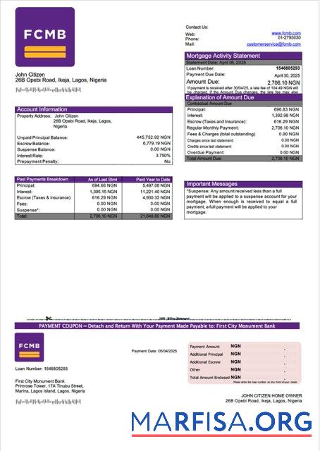 Realistic Nigeria First City Monument Bank mortgage statement Word and PDF template